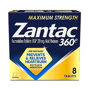 Zantac 360 Maximum Strength Tablets, 8 Count, Heartburn Prevention and Relief, 20 mg Tablets 8 Count (Pack of 1)