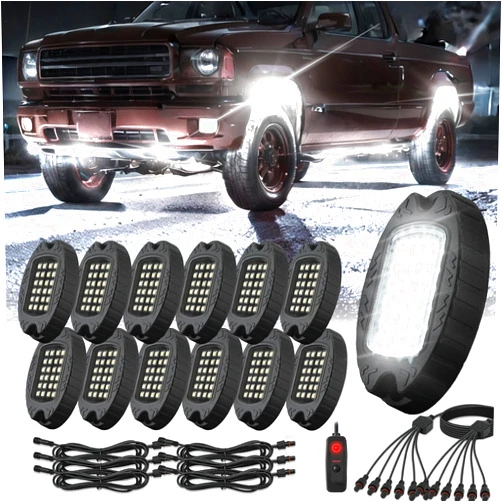 TDE Explorer.Lighting 12 Pods Alloy Pure White LED Rock Lights for Trucks Offroad Pickup Boat Fender ATV UTV SUV, Aluminum IP68 Waterproof Shockproof 6500K Super Bright Metal White Underglow Kit with Switch Wiring Harness
