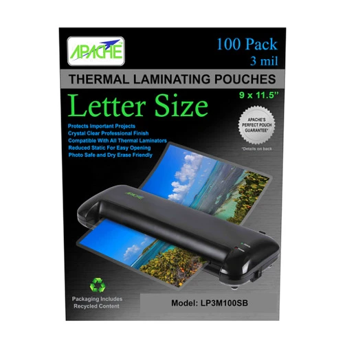 Apache Laminating Pouches 3 mil, for 8.5 x 11 inch Letter Size Paper 9 x 11.5 inch Sheets, 100 Pack