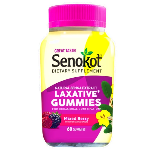 Senokot Dietary Supplement Laxative Gummies, Natural Senna Extract, Gentle, Overnight Relief from Occasional Constipation, Mixed Berry Flavor, 60 Count.