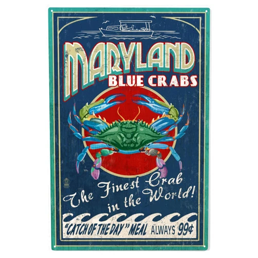 Lantern Press 10x15 Inch Wood Sign, Ready to Hang Wall Decor, Maryland, Blue Crabs Vintage Sign