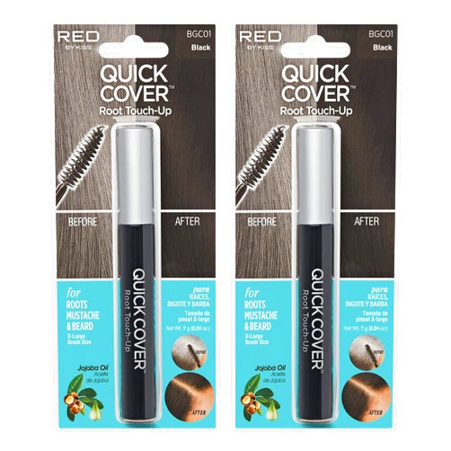 KISS RED by Kiss Quick Cover Root Touch Up Rescue, Mascara Natural Water-Resistant Temporary Gray Concealer Cover Up Brush for Hair Mustache & Beard (Black) (2Pcs)