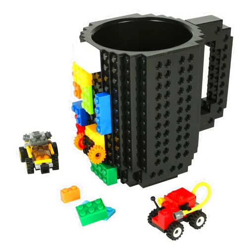 Lumsburry Build-on Brick Coffee Mug, Funny DIY Novelty Cup with Building Blocks Creative for Kids Men Women Xmas Birthday (Cool Black)