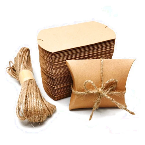 BallHull Kraft Paper Pillow Candy Box, Foldable Gift Box with Jute Rope for Weddings, Parties, Birthdays, Holidays, 60 Pcs