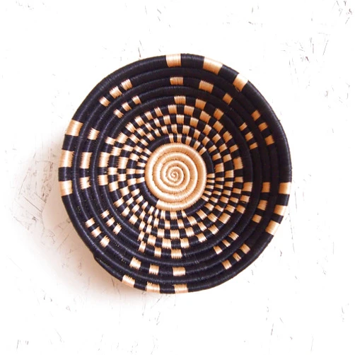 Amsha Small African Basket- Mukingi/Rwanda Basket/Woven Bowl/Sisal & Sweetgrass Basket/Black, Tan