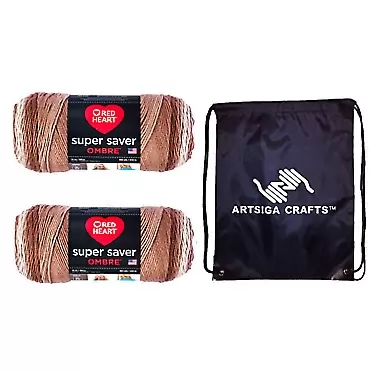 Red Heart Knitting Yarn Super Saver Ombre Cocoa 2-Skein Factory Pack (Same Dyelot) E305-3987 Bundle with 1 Artsiga Crafts Project Bag