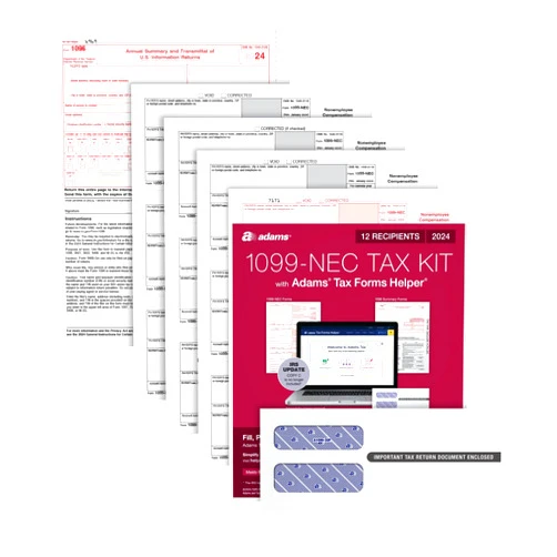 Adams 2024 1099 NEC Kit for 12 Recipients, 4 Part Laser 1099 Forms, 3 1096 Forms, Self Seal Envelopes & Access to Adams Tax Forms Helper (1009316)