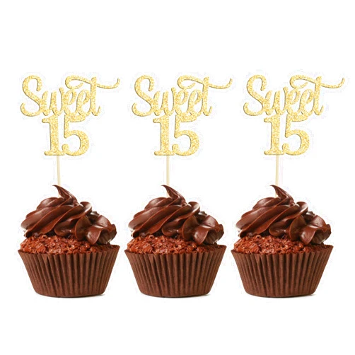 Gyufise 24Pcs Sweet 15 Cupcake Toppers Gold Glitter Number 15 Fifteen Cake Picks Decorations for 15th Birthday Anniversary Party Supplies