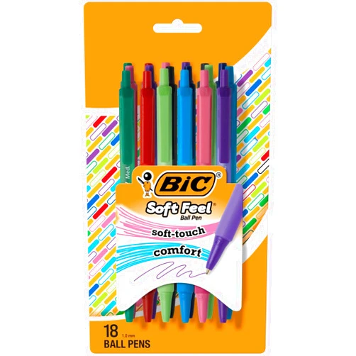 BIC Soft Feel Assorted Colors Retractable Ballpoint Pens, Medium Point (1.0mm), 18-Count Pack, Colorful Pens With Soft-Touch Comfort Grip