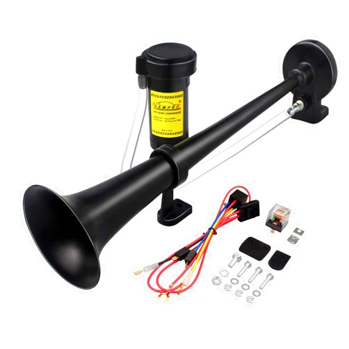 GAMPRO 12V 150DB Car Air Horns, 18 Inches Chrome Zinc Single Trumpet Truck Air Horn with Compressor for Any 12V Vehicles Trucks Lorrys Trains Boats Cars (BLACK)