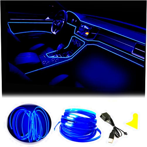 Maxlaxer El Wire Blue Interior Car LED Strip Lights, 3M Neon Wire USB 5V with Fuse Protection for Automotive Car Interior Decoration with 6mm Sewing Edge