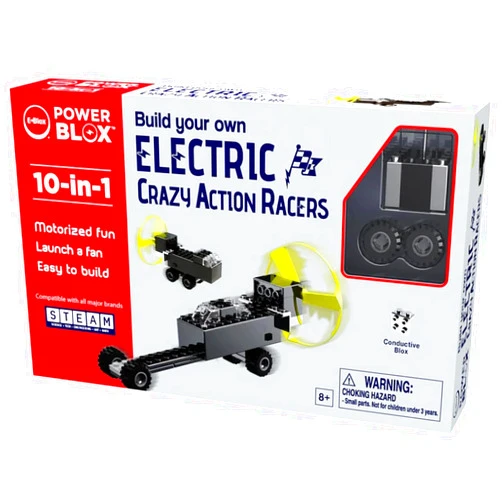E-Blox: Power Blox: 10-in-1 Electric Crazy Action Racers - 24pcs, Build 10 Models, Motorized Fun, Conductive Blox No Wires Needed, Toy Kids Ages 8+