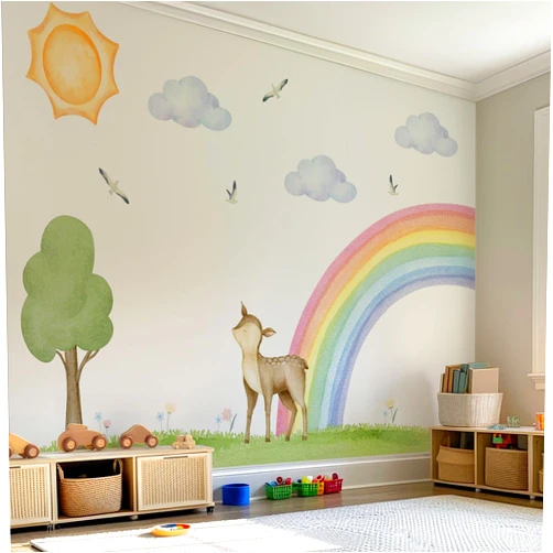 LALACORNE Half Rainbow Decal with Woodland Scene, Enchanted Forest Wall Decal Set Peel and Stick Vinyl Nursery Decor, Watercolor Style with Deer, Tree, Clouds, Sun, Birds and Flowers