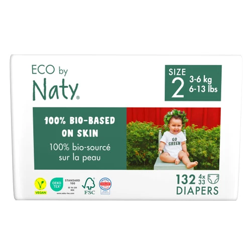 Eco by Naty Eco-Friendly Baby Diapers Newborn - 100% Plant-Based Materials on Skin, Extra Soft, for Sensitive Skin & Super Absorbent (Size 2, 132 Count)