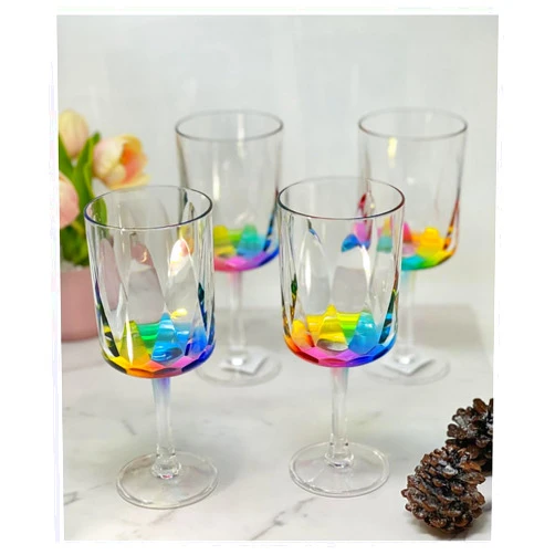LeadingWare Group My Table Talk LeadingWare Rainbow Diamond Plastic Wine Glasses Set of 4 (16oz), BPA Free Acrylic Glass Set, Unbreakable Red and White Wine Glasses