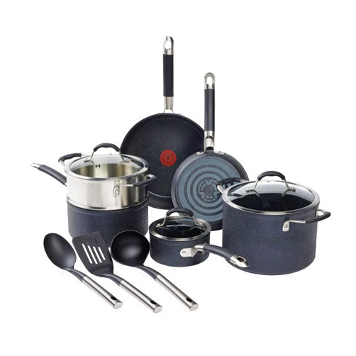 T-fal Stone Force Platinum Non Stick Cookware Set 12 Piece, Oven Broiler Safe 400°F, Kitchen Cooking Set w/Fry Pans, Saucepans, Dutch Oven, Tools, Steamer Insert, Lids, Cookware, Dishwasher Safe Black