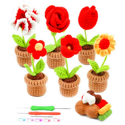 SAMLMAP Crochet Kit for Beginner Learn to Animal Amigurumi Crochet Kit Adult Kit with Step-by-Step Instructions and Video Tutorials Cow Mushroom Potted Plant Coasters