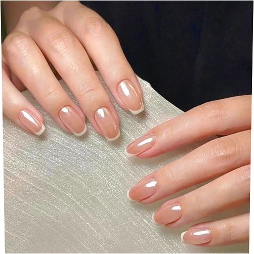TBRZTR White French Press on Nails Short Square Nude False Nails with Design Charm Acrylic Nails Artificial Stick on Nails Full Cover Coffin Nails Reusable Glue on Nails for Women 24Pcs