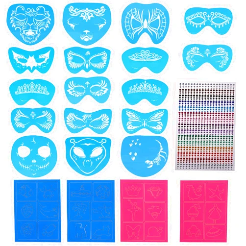 LOCOLO 22 Pcs Face Paint Stencils Kits-17 Reusable Face Painting Stencils with 4 Sticker and 900 Face Body Gems Rhinestone Stickers, Bat Butterfly Stencils for Face Painting Halloween Holiday Party Makeup