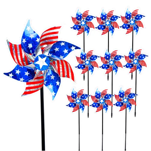 Hausse 10 Pack Reflective Pinwheels Patriotic Decorations, American Flag on Stick Wind Spinner with Stake for Independence Day, Memorial Day July of 4th Party Supplies, Scare Birds Repellent Devices