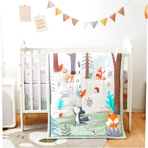 beeweed 3-Piece Crib Bedding Set for Boys Girls, Soft Baby Bedding Set Including Blanket, Crib Skirt & Crib Sheets, Woodland Animal Nursery Bedding Set