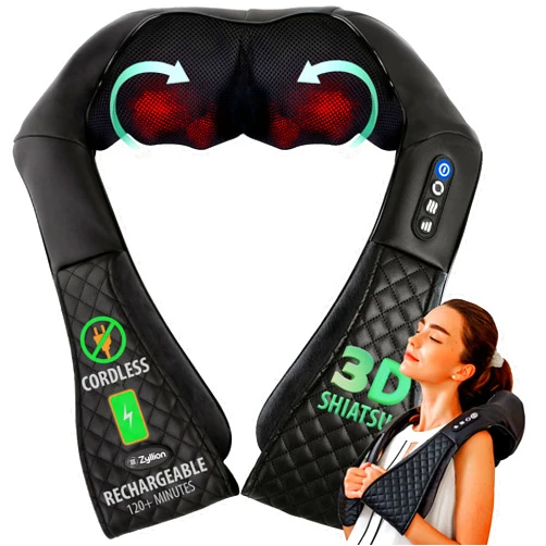 Zyllion Shiatsu Neck and Back Massager with Heat (FSA/HSA Eligible) - Cordless Rechargeable 3D Kneading Deep Tissue Massage for Shoulders, Legs, Feet and Muscle Pain Relief - Black (ZMA-28RB-BK)