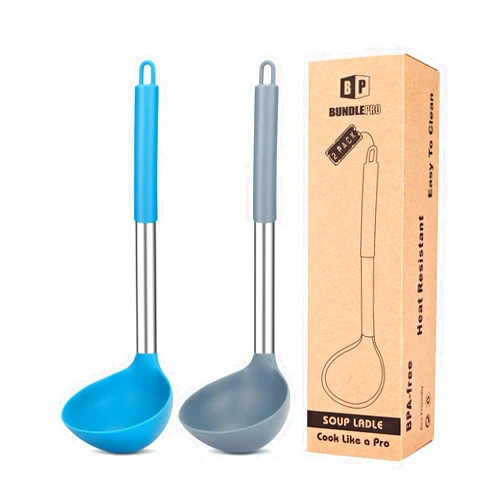 BUNDLEPRO Pack of 2 Ladle Spoon,Silicone Large Spoon for Soup,Non Stick Kitchen Utensils with High Heat Resistant,BPA Free Perfect Kitchen Tools for Cooking, Stirring,Serving Soups (GREY-BLUE)