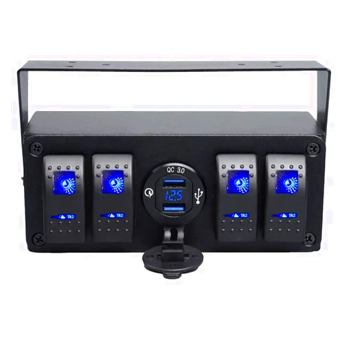 EAYBOMC 4 Gang Rocker Toggle Switch 12V Panel USB Quick Charger & Voltmeter Blue Led All are Pre-Wired in Surface Mount Box Enclosure Indicator for RV Vehicle Truck Trailer Yacht