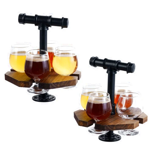 MyGift Solid Wood Serving Beer Whiskey Flight Set Tray with Industrial Black Metal Pipe Carrying Handle and 4 Small Snifter Style Tasting Beer Glasses (2 Pack)