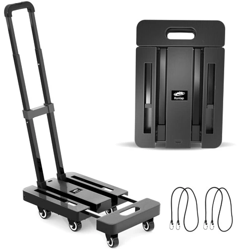 Ronlap Folding Hand Truck, Foldable Dolly Cart for Moving 500lbs Heavy Duty Luggage Cart Portable Platform Cart Collapsible Dolly with 6 Wheels & 2 Ropes for Travel House Office Moving, Black