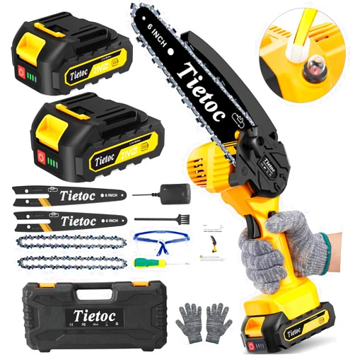 tietoc Mini Cordless Chainsaw, 6 Inch Handheld Chain Saw With Security Lock [Seniors Friendly], Battery Powered Super Saws With Manganese Steel Chain & Automatic Oiler, UPGRADE 2023
