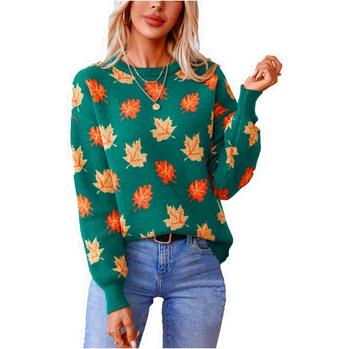 DMHBHZH Fall Sweaters for Women 2024, Long Sleeve Loose Casual Maple Leaf Print Crewneck Knit Pullover Top