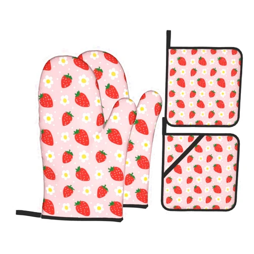 Qdoepfl Strawberry Oven Mitts Pot Holders Set of 4, Kitchen Gloves Potholders Heat Resistant for Chef Baking Cooking Grilling BBQ