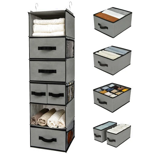 GRANNY SAYS Hanging Closet Organizer 6 Shelves, Closet Organization and Storage with 5 Different Drawers, 6 Side Pockets Wardrobe Clothes Organizer for Closet, Gray, 1-Pack