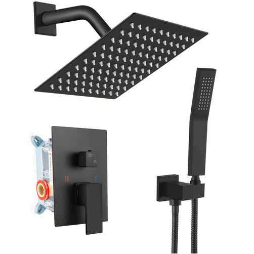 gotonovo Rainfall Bathroom Shower System Rain Shower Head and Handle Set Wall Mounted Shower Complete Combo Solid Brass Pressure Balancing Shower Mixer Valve 8 Inch Matte Black