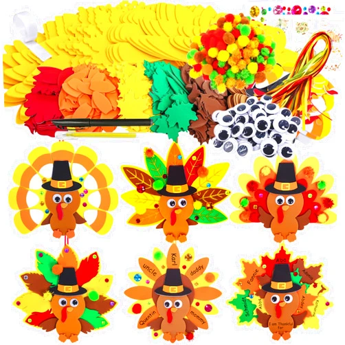 Winlyn 24 Sets Thanksgiving Turkey Ornaments Decorations Art Sets DIY Thanksgiving Craft Kits Fall Crafts Autumn Leaf Pumpkin Turkey Foam Stickers Arts and Crafts for Kids Party Classroom Activities