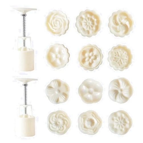 CHuikp Moon Cake Mold Set ，2 Pack Mooncake Mould with 12 Cookie Stamps， 50g Flower Moon Cake Mold Press Hand-Pressure Mooncake Molds for Mid-Autumn DIY Pastry Tool