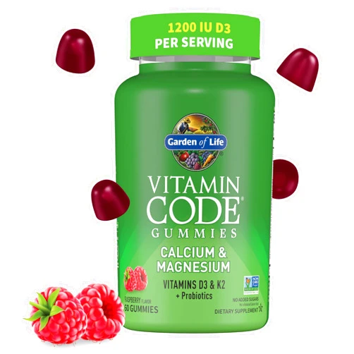 Garden of Life Calcium Magnesium Gummies with D3 & K2, Supports Bone Health & Bone Strength + Prebiotics & Probiotics for Digestive Support, Vitamin Code, Non-GMO, Gluten-Free, 60 Raspberry Gummies, 30 Day Supply