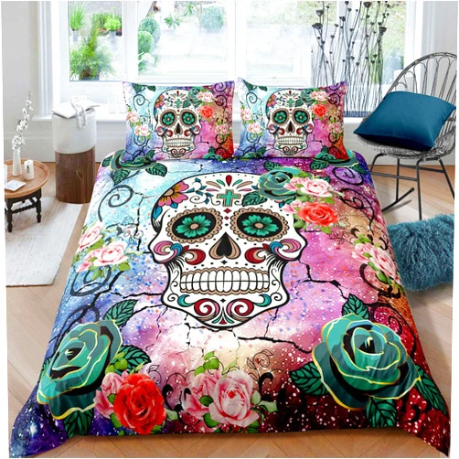 Feelyou Sugar Skull Comforter Cover Set King Size Teen Girl Bedding Set Sugar Skull Decor Bedding Skull Bones Skeleton Roses Floral Print Duvet Cover Decorative Soft Bedding Cover Zipper 3 Pcs