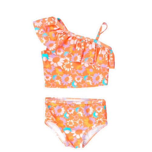 RuffleButts Girls UPF50+ Sun Protection One Shoulder Ruffle Tankini Two Piece Swimsuit