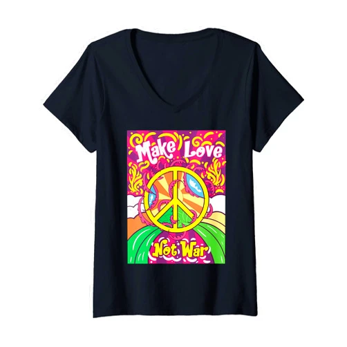 Hippie Art Design Co. Womens Make Love Not War T-Shirt Groovy 60's 70's Hippie Art V-Neck T-Shirt