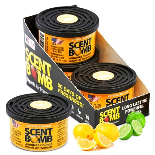Scent Bomb Organic Spill-Proof Air Freshener Cans – Natural Odor Eliminator for Car, Home, and Bathroom – Long-Lasting, Non-Toxic, Fresh Scent – Ideal for Any Room or Vehicle (Citrus Squash, 4-Pack)