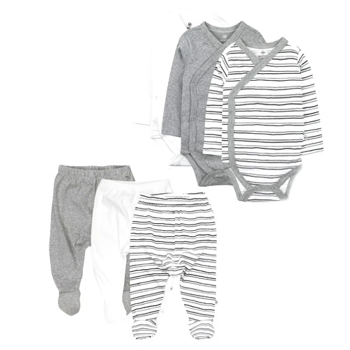 HonestBaby 6 Pack Organic Cotton Long Sleeve Side Snap Kimono Bodysuits and Footed Pants Multi Pack
