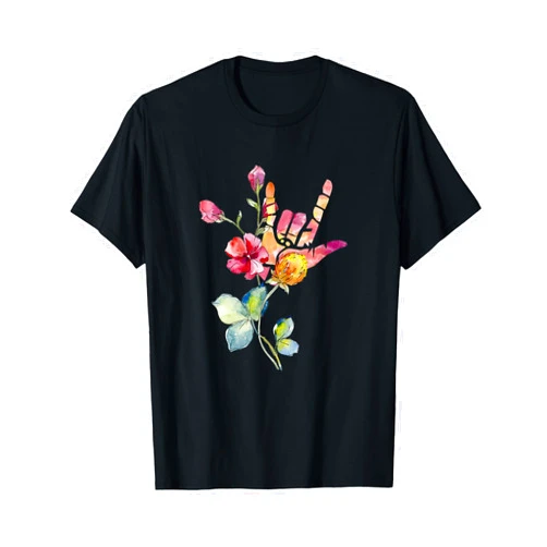 Flytogs Deaf Pride ASL Teacher Floral ILY Love Sign Language T-Shirt