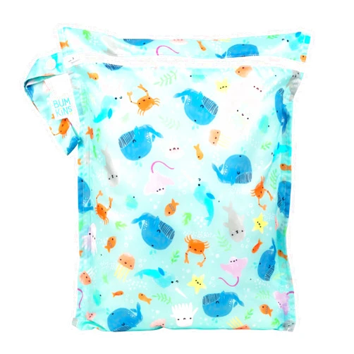 Bumkins Waterproof Wet Bag for Baby, Travel, Swim Suit, Cloth Diapers, Pump Parts, Pool, Gym Clothes, Toiletry, Strap to Stroller, Daycare, Zipper Reusable Bag, Wetdry Packing Pouch, Ocean Life Blue