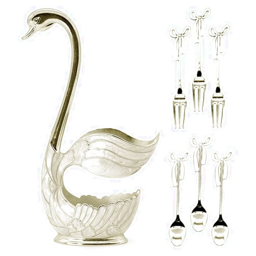 Flylin Decorative Swan Base Holder with 3 Spoons and 3 Forks, Coffee Dessert Spoon Fork Set Creative Coffee Dessert Sugar Flatware for Fruit Dessert Stirring Sugar Ice Cream (Silver)