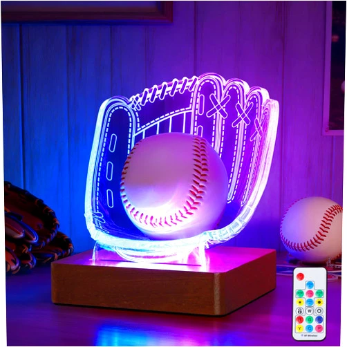 CoolGift Mart Light Up Baseball Glove Display Stand, Acrylic Wooden LED 3D Night Lamp with USB Powered, Desk Decor Lamp for Bedroom College Dorm, Gift for Baseball Players Lovers