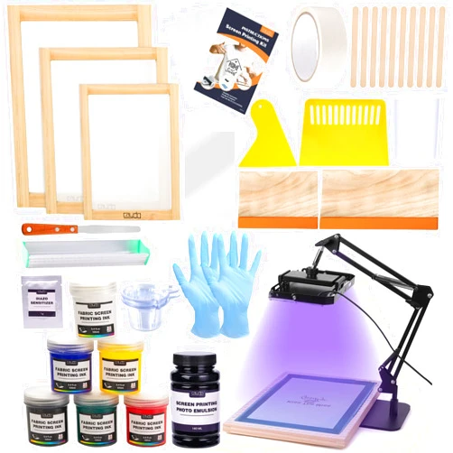 Caydo 54 Pieces Screen Printing Kit with 50W LED UV Exposure Screen Printing Light, 6 Color Screen Printing Ink, Screen Printing Photo Emulsion, Emulsion Scoop Coater, Instructions