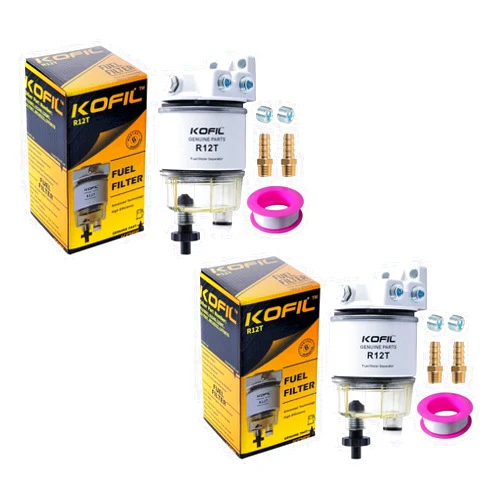 KOFIL R12T Fuel Water Separator Filter, Marine SPIN-ON Filter Replaces Racor S3240 120AT NPT 1/4-19, Fit 3/8 Inch NPT Outboard Motors for Diesel And Gasoline Engine With Four Fittings, 2pcs
