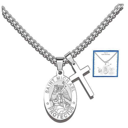 Liuanan St Michael Pendant for Men Saint Michael the Archangel Pendant Necklace Christian Protection Jewelry Stainless Steel Religious Cross Chain for Him Catholic Gifts for Confirmation First Communion Graduation Anniversary Father's Day Son Birthday Gift